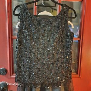 Vintage 50s 60s Regalia Imports Beaded Sequin Top Black Fringe Evening Shell M